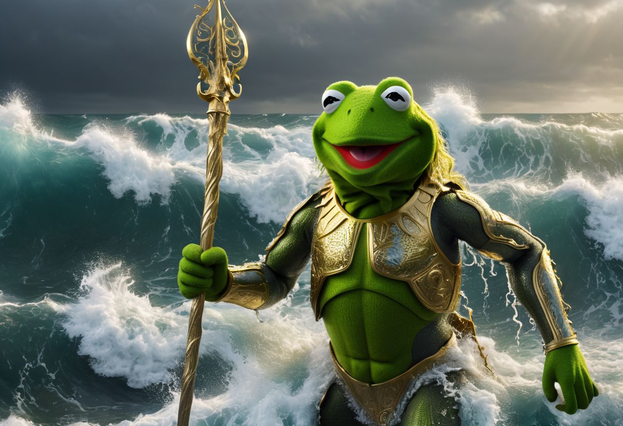 kermit the frog dressed as poseidon, kermit the frog holding trident up, muscular upper body,  golden armor covered with aglea, rising from the water, whirl, waves, huge waves, hyperdetailed, hyperrealistic, 8k, high quality, hi res, best quality, high quality, absurd res, volumetric lighting, reflections, polished, intricate, perfect  lighting, OverallDetailXL