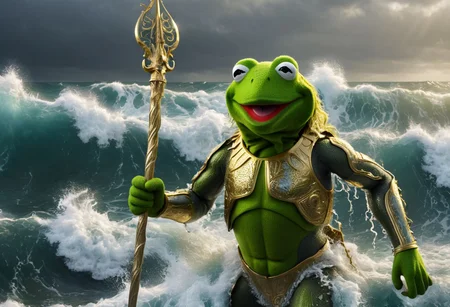 kermit the frog dressed as poseidon, kermit the frog holding trident up, muscular upper body,  golden armor covered with aglea, rising from the water, whirl, waves, huge waves, hyperdetailed, hyperrealistic, 8k, high quality, hi res, best quality, high quality, absurd res, volumetric lighting, reflections, polished, intricate, perfect  lighting, OverallDetailXL
