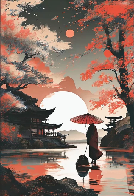 linquivera, Ink illustration, (anime:0.5), brown tones, aged black red paper, inkpunk, moonlight,surreal, a landscape somewhere in japan, 1 asian geisha with umbrella, apanese style houses, mountains and a lake, (at a distance), Will-o'-the-wisp,red moonlit, solitude, windy, OverallDetail, extremely detailed, UHD,(long exposure , dystopian but extremely beautiful:1.4) ,masterpiece, award winning,