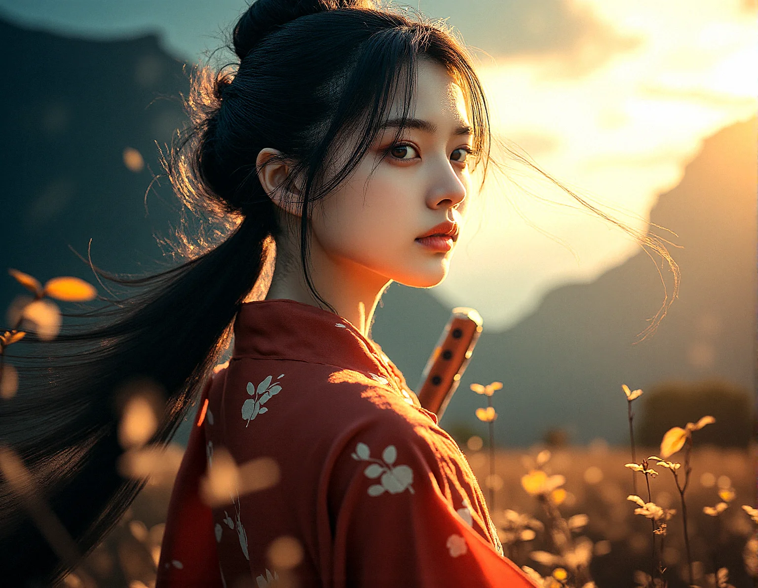 An extreme realism wide shot of a kunoichi, wielding a wakizashi in an autumnal setting inspired by the Edo period. The scene captures the motion of strong winds, swirling leaves, and the dark clouds looming over a rugged mountainous landscape, all reflected in her intense amber eyes.