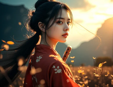 An extreme realism wide shot of a kunoichi, wielding a wakizashi in an autumnal setting inspired by the Edo period. The scene captures the motion of strong winds, swirling leaves, and the dark clouds looming over a rugged mountainous landscape, all reflected in her intense amber eyes.