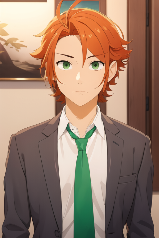 masterpiece, best quality, high quality, 1boy, solo, male focus, looking at viewer, upper body, <lora:kouichi_shindou:0.80>, kouichi_shindou, orange hair, green eyes, ahoge, realistic, formal, necktie, dress shirt