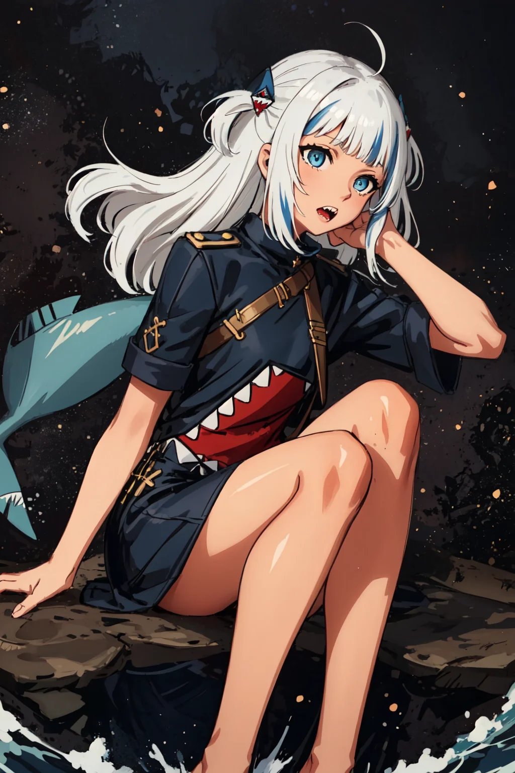 best quality, intricate details,, best quality, intricate details,
1girl, white hair, blue eyes, sharp eyes,messy hair, blue highlights, sharp teeth,multicolored_hair,long hair,
virtual_youtuber, gawr_gura, <lora:gawrGuraHololive_v3:0.8> gawr gura,
shark teeth design, bare legs, shark girl, shark print, shark hair ornament,
flowing water, space background, black background, nebula
<lora:thickCoatCGStyle_v20:0.8>