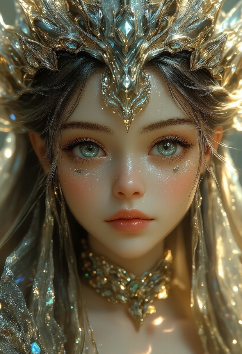 score_9, score_8_up, score_7_up,  surrealism. fantasy, complex 3d render of beautiful mesmerising biomechanical cyborg girl 25 years old, on her head, Indian headdress, long blonde hair braided, super facial detailing, with porcelain face, beautiful natural light, diamond shine, sharp graphics, clear pattern, shining eyes big, clear, pearl skin highlighting, 150mm lens, Aztec warrior, steampunk, silver and gold filigree details, alexander mcqueen high fashion haute couture, pearl earring, art nouveau fashion embroidered, hexagonal mesh, Mandelbrot fractal, facial muscles, wires, microchip, elegant, beautiful natural light, studio light, rim light, highly detailed, hyper realistic, sharp, octane render, figure V3, by Luis Royo WLOP, Artgerm, James Jean, Alphonse Mucha, style, art Deco, datanoshing, ink v3, splash style, abstract Art, abstract Tech, 3D h. r. giger style, volumetric lighting, 32k post production