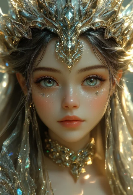 score_9, score_8_up, score_7_up, surrealism. fantasy, complex 3d render of beautiful mesmerising biomechanical cyborg girl 25 years old, on her head, Indian headdress, long blonde hair braided, super facial detailing, with porcelain face, beautiful natural light, diamond shine, sharp graphics, clear pattern, shining eyes big, clear, pearl skin highlighting, 150mm lens, Aztec warrior, steampunk, silver and gold filigree details, alexander mcqueen high fashion haute couture, pearl earring, art nouveau fashion embroidered, hexagonal mesh, Mandelbrot fractal, facial muscles, wires, microchip, elegant, beautiful natural light, studio light, rim light, highly detailed, hyper realistic, sharp, octane render, figure V3, by Luis Royo WLOP, Artgerm, James Jean, Alphonse Mucha, style, art Deco, datanoshing, ink v3, splash style, abstract Art, abstract Tech, 3D h. r. giger style, volumetric lighting, 32k post production