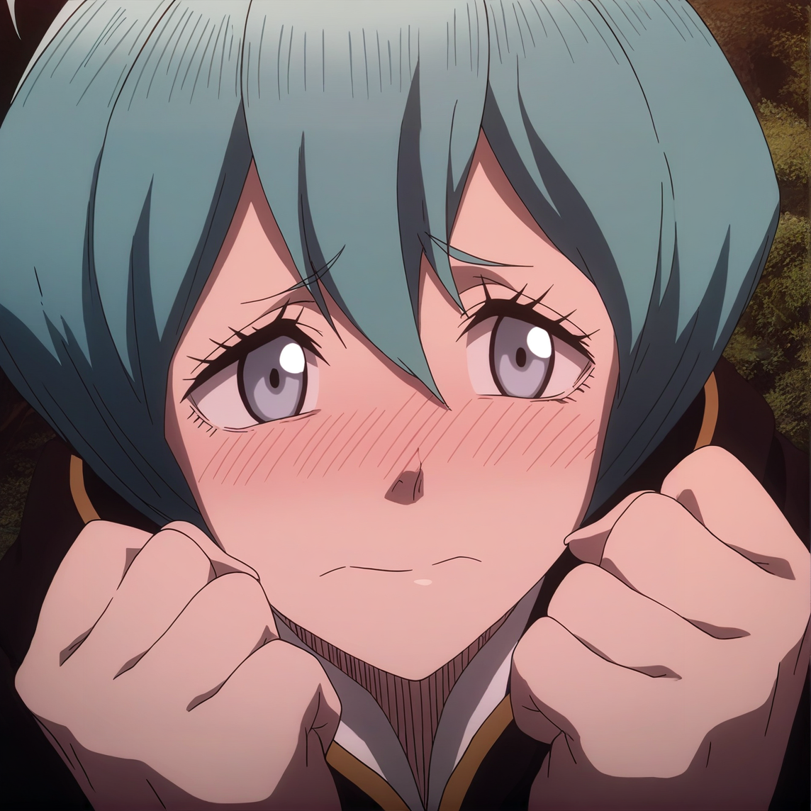 sharp focus, pixiv masterpiece, source_anime, score_9, absurd res, high res, (anime_screencap:1.2)
 <lora:Grey_blackclover_IL_v36-000015:1>, masterpiece, best quality, score_9, grey_bc, 1girl, solo, grey-blue_eyes, cyan_hair, short_hair, antenna_hair, black_capelet, high-waisted_pants,  sleeveless_shirt,  portrait, hands_in_front_of_face, blushing, clenched_fists