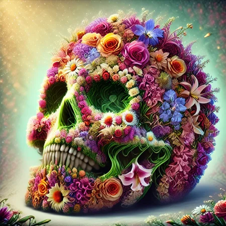 a skull made completely of flowers
