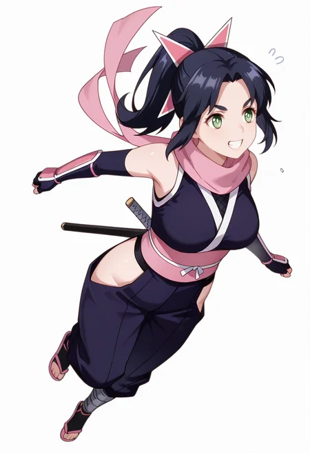 masterpiece,high quality details, ultra realistic, high detailed skin,absurdres,
airplane arms,
<lora:Ayaka_Kusagakure:0.8>
ayaka_cnr, 1girl, black hair, long hair, ponytail,parted bangs, sidelocks, green eyes, hair ornament,
bare shoulders, ninja, japanese clothes, kimono, sash,pink scarf,fingerless gloves, elbow gloves, sandals, sheath, pink ribbon,hip vent,, simple background, white background, sideways,solo,, annoyed,excited,