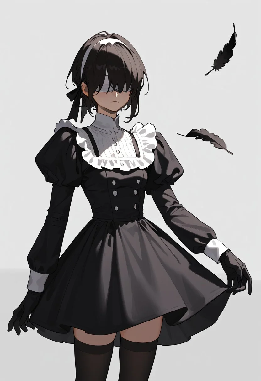 masterpiece, best quality, white blindfold, covered eyes, mole under mouth, clothing cutout, long sleeves, puffy sleeves, juliet sleeves, feather trim, black thighhighs, black gloves, black dress, black skirt,  <lora:Abbystea_Style_LoRA_XL:1>, abbystea style