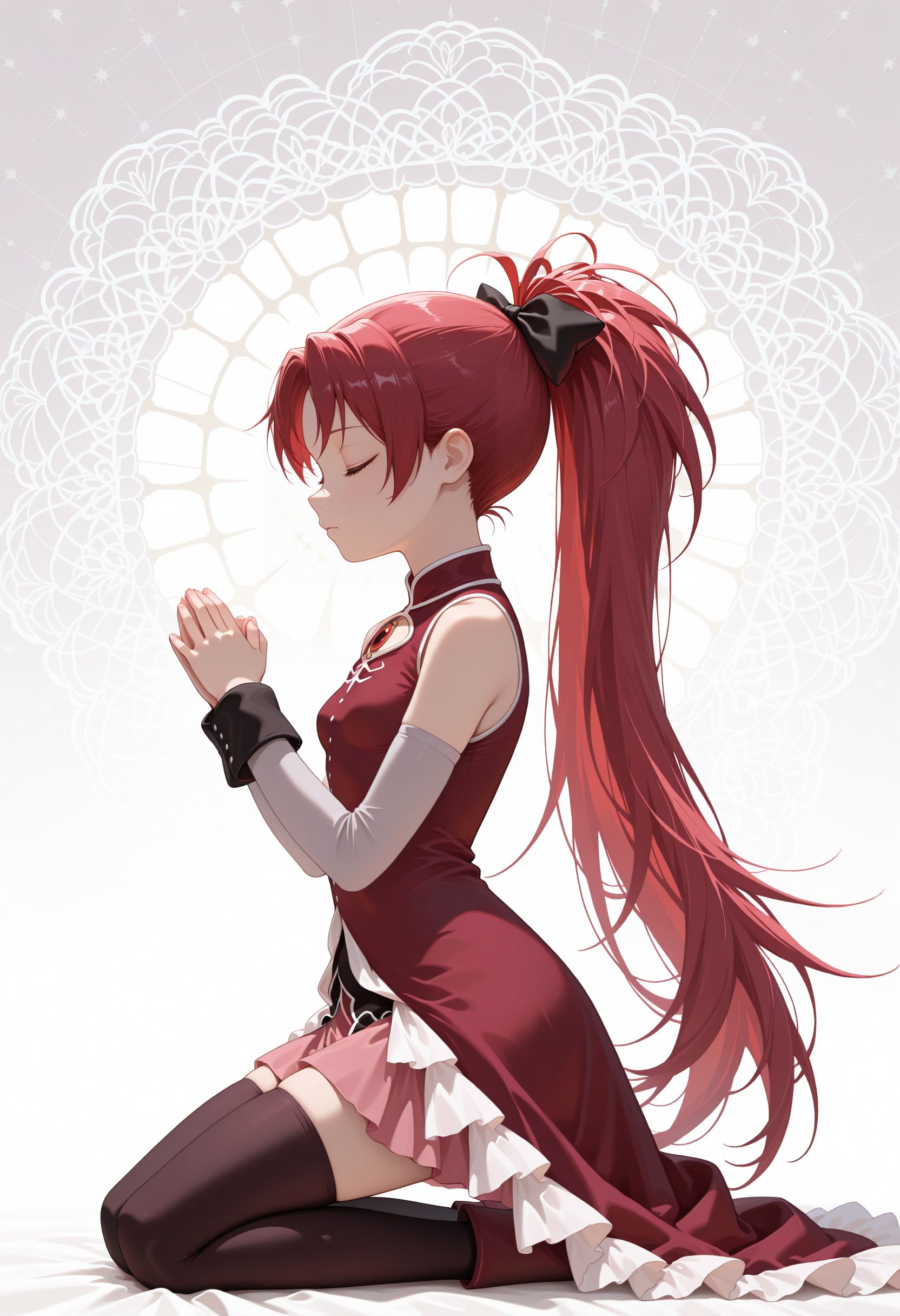 masterpiece, best quality, amazing quality, very awa, 
 <lora:Sakura Kyoko illu v2:1> 1girl, red eyes, small breasts,ponytail, long hair, very long hair, hair bow, bow, red hair, hair ribbon, , magical girl,  ribbon, black bow,bare shoulders, red dress, long sleeves, detached sleeves, black thighhighs
from side,kneeling, closed eyes,praying, straight hair, (white theme:1.1),unkempt hair,holy,hands together,white pattern background,