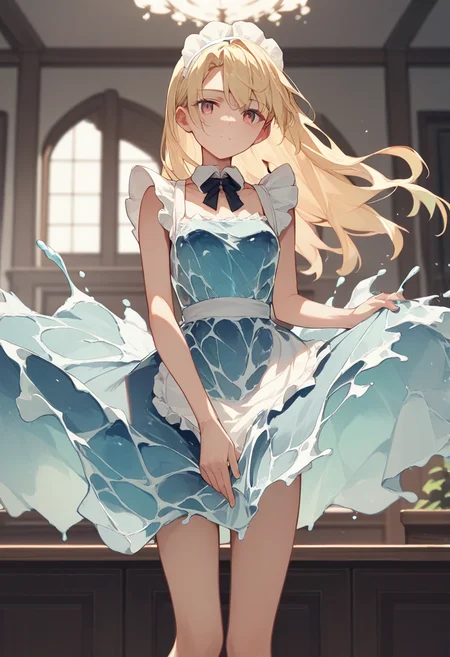 score_9, score_8_up, score_7_up, score_6_up, source_anime, <lora:water_dress_v0.2-pony:1>
1girl, long hair, blonde hair, 
liquid dress, maid, indoors,