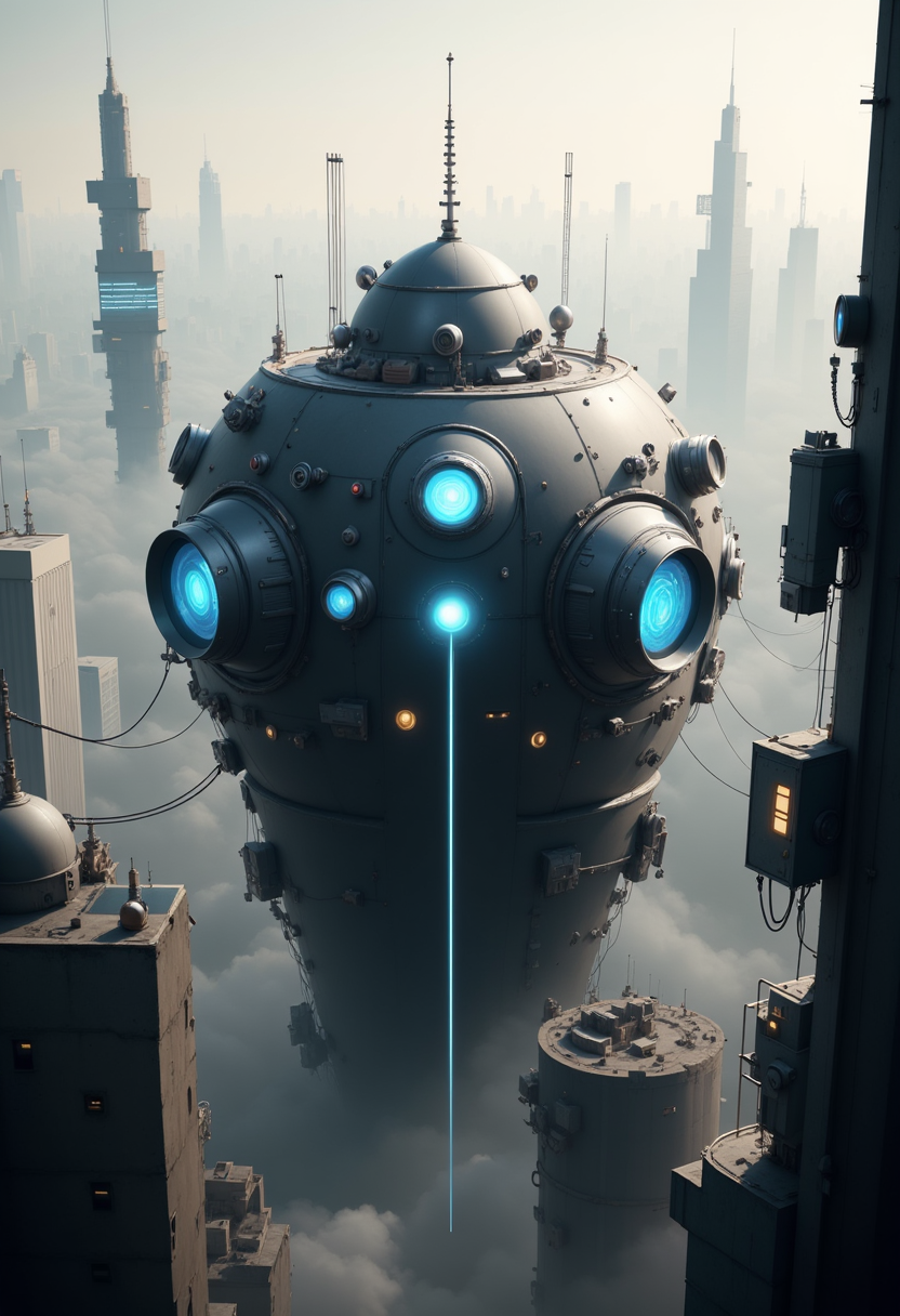 YFG-SpyWorld50s The image is a digital illustration of a futuristic cityscape. The focal point of the image is the central part of the structure, which appears to be a large, cylindrical object with multiple circular windows and a blue light emanating from the center. The object is surrounded by wires and cables, and there are several smaller objects scattered around it. On the left side of the object, there is a tall tower with a pointed top, and on the right side, there are two smaller structures, one with a dome-like structure and the other with a cylindric structure. The background is filled with tall buildings and skyscrapers, and the sky is a hazy gray color. The overall mood of the illustration is futuristic and futuristic.