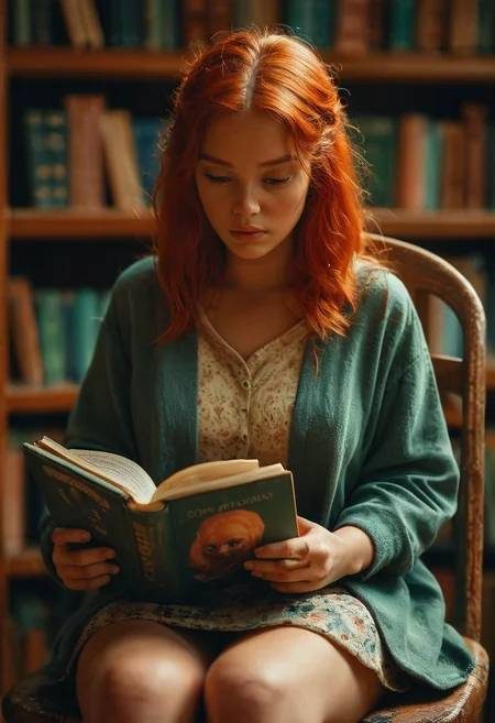 score_9, score_8_up, score_7_up, redhead woman, library, reading, sit, cozy, highly detailed, film grain, <lora:zy_Realism_Enhancer_v1:0.75>