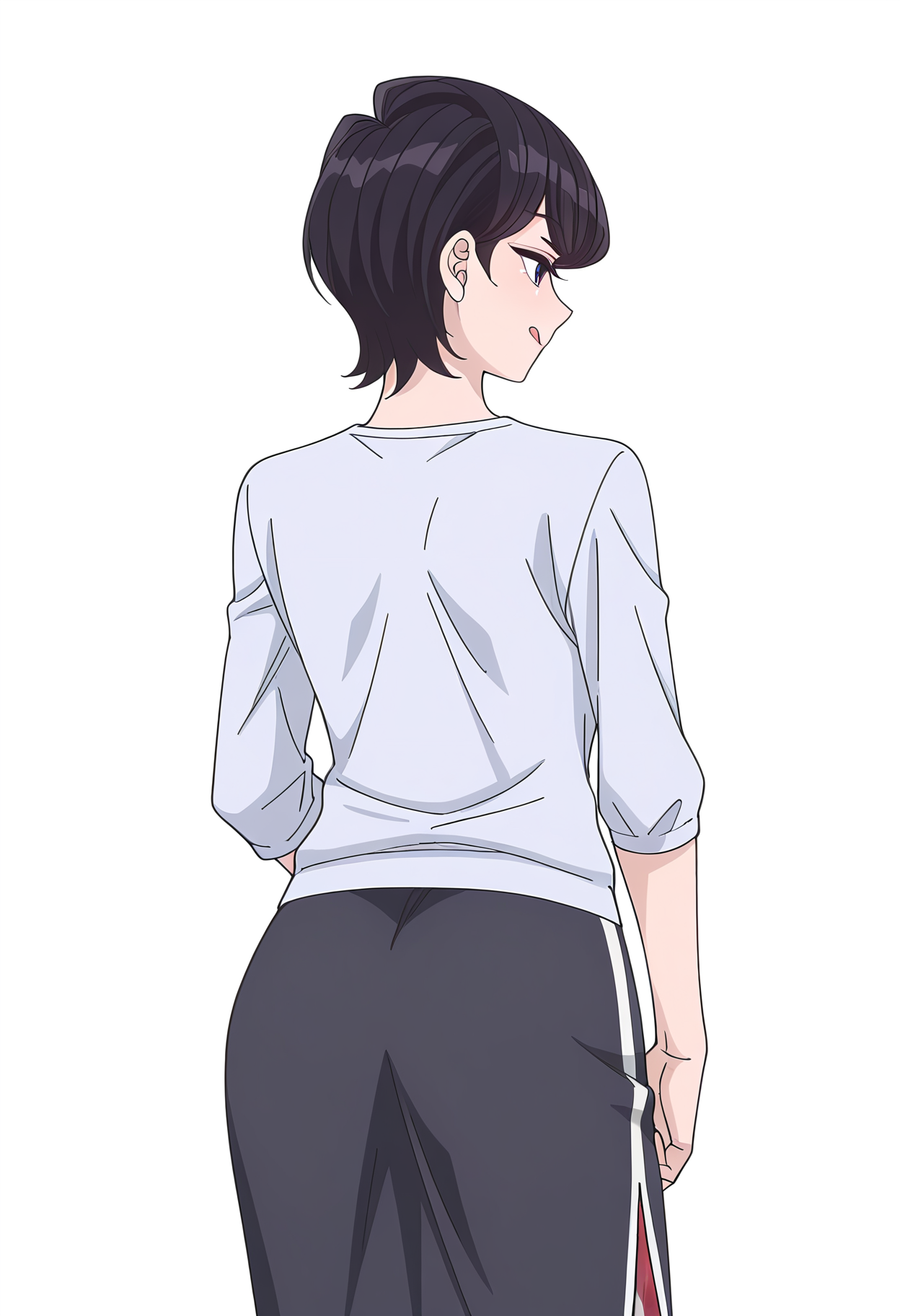 Smooth Quality,masterpiece,very intricate, high quality details, ultra realistic, high detailed skin,detailed enviorement,
simple background, white background,from behind,:q,
slit skirt,,track pants, , 
<lora:Komi_Shuuko_cnn:0.8> komishuukocnn, 1girl,black hair, short hair, bangs, purple eyes,mature female,shirt,