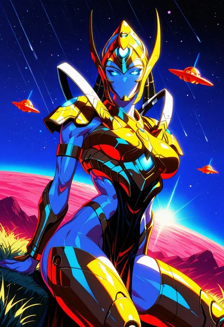 SelendisSC, 1girl, solo, protoss, alien girl, alien humanoid, monster girl, no mouth, no nose, no ears, colored skin, blue skin, elongated head, helmet, black dreadlocks, glowing eyes,  blue eyes, golden armor, large breast, shoulder armor, red pelvic curtain, breastplate, pauldrons, vambraces,
,seductive pose, sexy pose, tease, 
masterpiece, best quality, fine details, intricate details, depth of field, subsurface scattering, bokeh,
 ultra-detailed, very aesthetic, detailed background, newest, scenery, highres, absurdres, colorful, vibrant, glowing, perfect face, 2d, perfect eyes,  vibrant saturated colors, volumetric lighting, sharp, detailed eyes, perfect anatomy,  perfect face, perfect eyes, mature body, clear eyes, beautiful eyes, athletic, curvy body, athletic girl, perky tits, perfect tits, round breasts, pinup pose, teasing, lustful expression, perfect hands, 
muscular female, dutch angle, 
 sitting, no humans, glowing, grass, robot, star sky, science fiction, antennae, space, multiple others, planet, colorful, spacecraft, abstract, ufo, 3others, limited palette, sketch, glowing, psychedelic, 
,Smooth Negative, Smooth_Quality,
sci-fi, 90s_anime_aesthetic, 1990s (style), retro, retro artstyle,retro_artstyle, retro, cyberpunk