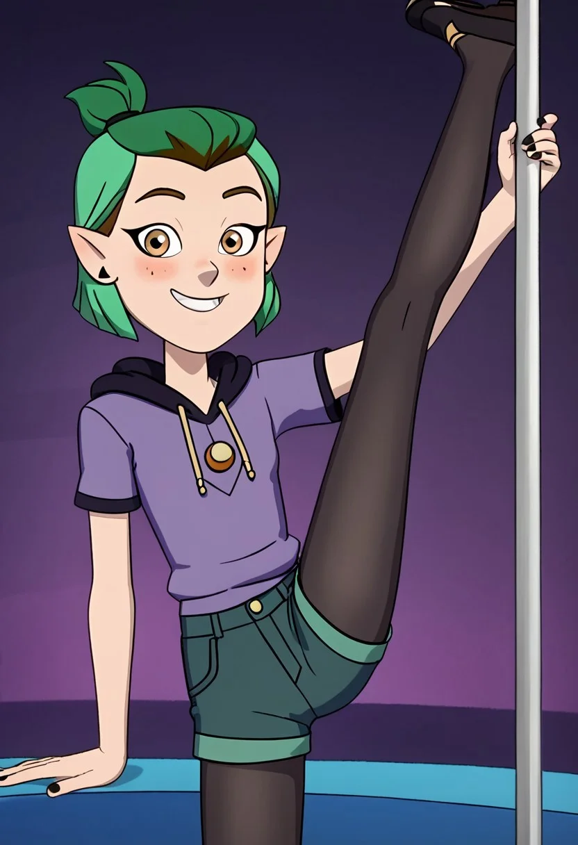score_9,score_8_up,score_7_up, TDPStyle, disney the owl house Amity Blight, sexy attire, 1 girl, green hair, medium hair, half updo happy face, blush, small breast , Expressiveh, hoodie, short sleeves, hood down, purple shirt, white shirt, denim shorts, leggings under shorts, black leggings, sly smile, eyes half open, cowboy shot, looking at viewer, stripper, stripper pole, pole dancing, standing on one leg,standing split,leg hold,leg lift,
