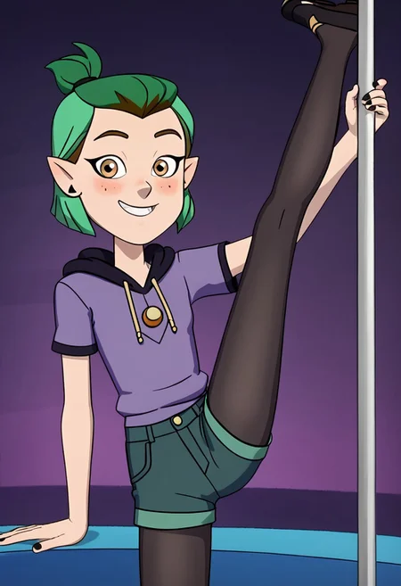 score_9,score_8_up,score_7_up, TDPStyle, disney the owl house Amity Blight, sexy attire, 1 girl, green hair, medium hair, half updo happy face, blush, small breast , Expressiveh, hoodie, short sleeves, hood down, purple shirt, white shirt, denim shorts, leggings under shorts, black leggings, sly smile, eyes half open, cowboy shot, looking at viewer, stripper, stripper pole, pole dancing, standing on one leg,standing split,leg hold,leg lift,