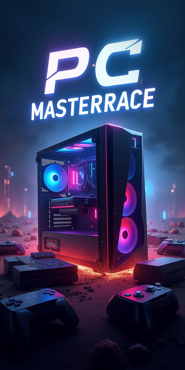 Create a lifelike and highly detailed image of a powerful gaming PC triumphantly defeating various gaming consoles. The PC should be depicted as a sleek, futuristic tower, glowing with vibrant RGB lighting, exuding strength and dominance. Surrounding it, the consoles—representing popular gaming systems—lie defeated, with cracked cases, sparks flying, and smoke rising, showing their loss. The PC should stand tall and imposing, symbolizing its superiority. The background can feature a dramatic, tech-inspired battlefield, with glowing circuits and digital effects. Above or below the scene, prominently display the text 'PC Masterrace' in bold, stylish lettering, glowing in a way that reflects the power and prestige of the gaming PC.