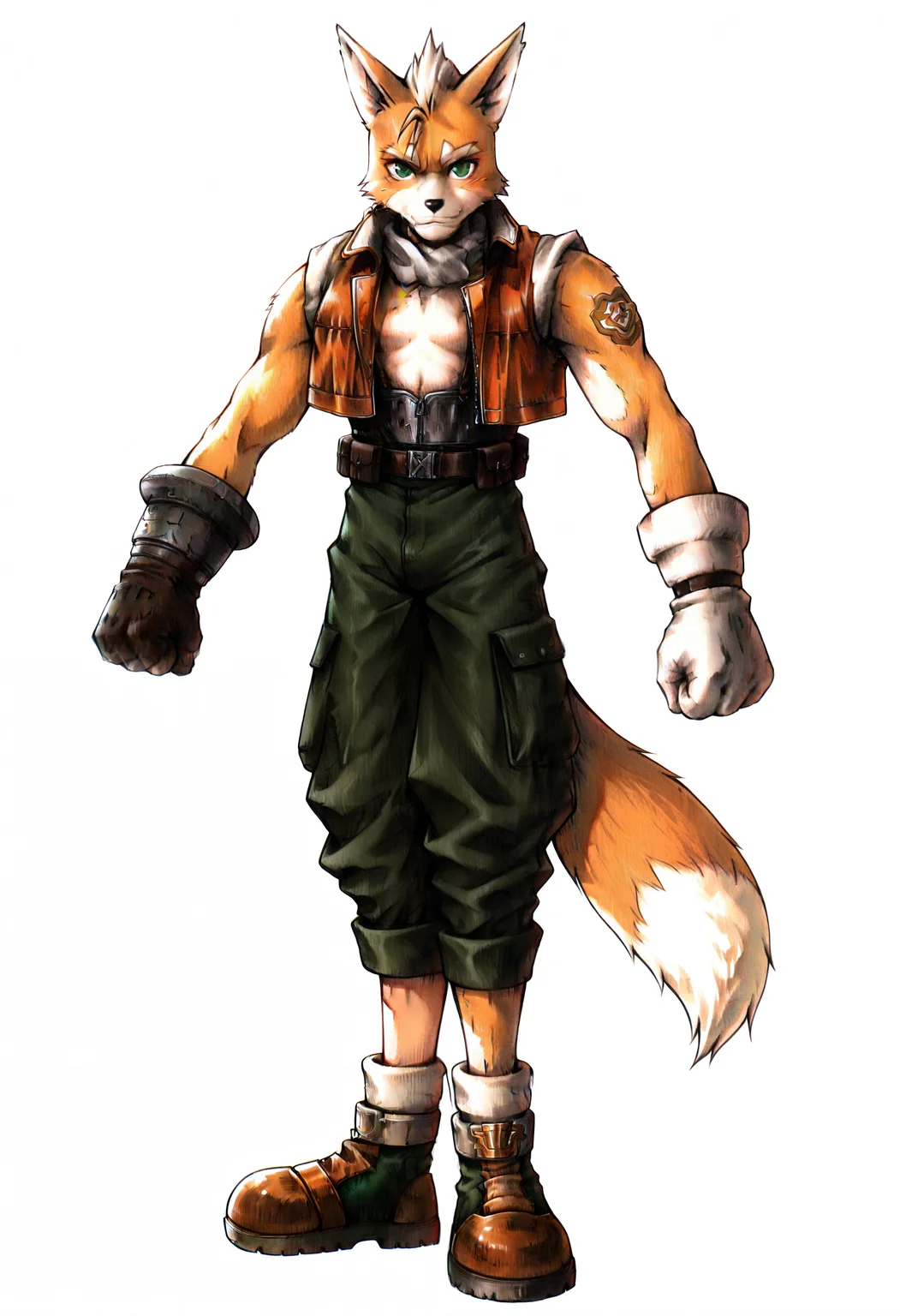 best quality, newest, absurdres, highres, (masterwork, masterpiece, best quality, hyper-detailed :1.3),
Fox mccloud, full body,
,white background, plain background, ff7,
