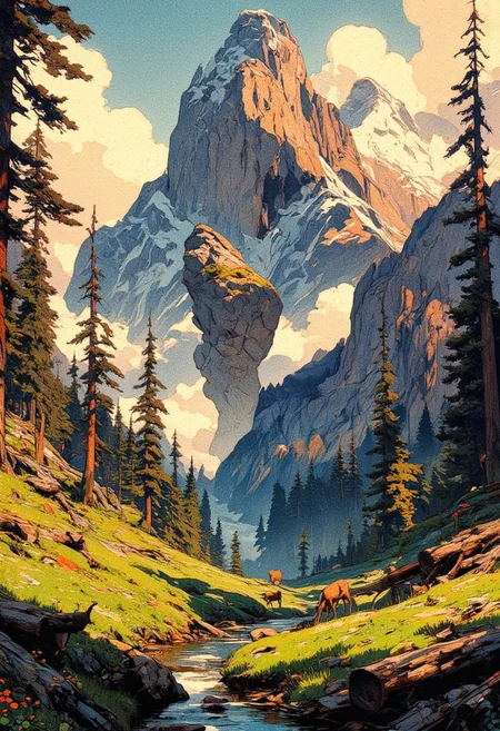 A majestic fantasy landscape painting featuring a towering, snow-capped mountain with floating rock formations breaking away from its peak, suspended in mid-air. The setting is a lush valley with a gently flowing river, surrounded by vibrant green grass, wildflowers, and scattered fallen logs. Tall evergreen trees frame the scene, with a mix of living and dead trees adding depth and contrast. In the distance, a lone deer grazes near the water’s edge, emphasizing the untouched beauty of nature. The sky is filled with soft, wispy clouds illuminated by warm sunlight, casting a golden glow on the rugged mountain slopes. The painting is in a semi-realistic style with impressionistic brushwork, rich in texture and color, evoking a sense of wonder and mystery. The composition blends realism with fantasy, suggesting an ancient, magical force at play in this tranquil yet powerful landscape.
,  anime, cyberpunk
