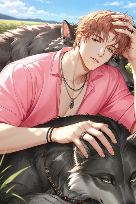 <lora:jesse-IL:0.8>,jesse, short hair, green eyes, shirt, jewelry, male focus, earrings, looking at viewer, necklace, ring, sky, parted lips, animal, petting, hand on wolf's head, leaning, pink shirt, resting on hand, wolf, 1boy, green hair, solo,bara,male focus,very awa,masterpiece,best quality,amazing quality,nsfw,uncersored,highres,best quality,amazing quality,best aesthetic,absurdres,