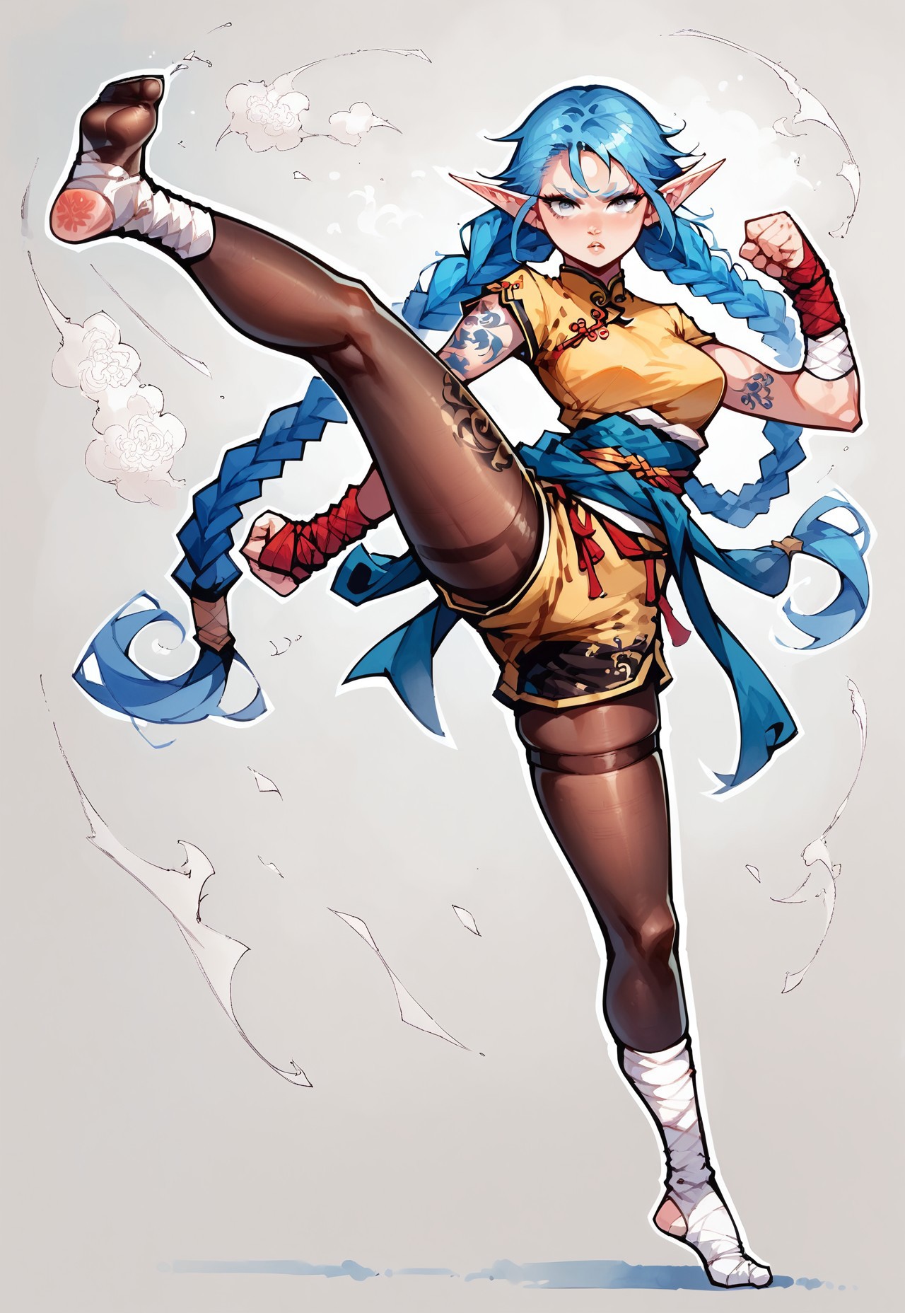 score_9, score_8_up, score_8, score_7_up, white outline, masterpiece, c4m3lt0, cartoon, comic, solo, Jump kick, 
We1La1, 1girl, elf, martial artist, adult, slender athletic build, pointed ears, cerulean-blue hair, long twin braids, very long braids, silver eyes, dragon-tattoo on arm, acrobat clothes, high waisted shorts, red and blue and gold clothing, chinese clothes, skindentation, tights, pantyhose, long sash around waist, leg wraps, foot wraps, calloused feet,