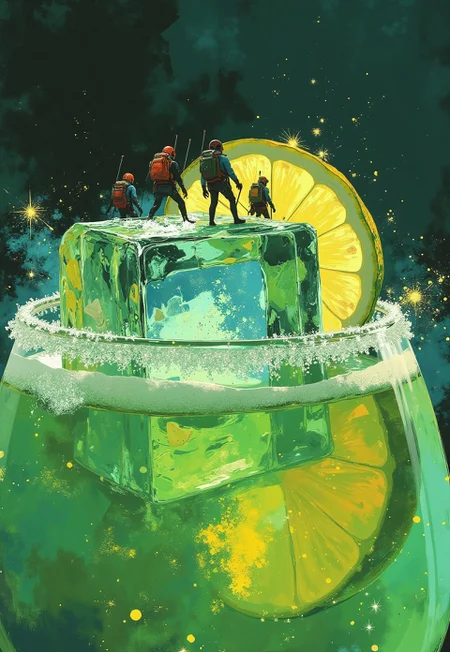 A team of tiny ice climbers ascends the sparkling, frosty surface of a single ice cube suspended within a vibrant margarita. The scene is zoomed in to capture the intricate details of their climb, with small ice picks chipping into the glistening, translucent cube. Tiny droplets of condensation shimmer in the light, clinging to the climbers’ colorful gear as they navigate the jagged, icy terrain. The top of the margarita surrounds the cube, a shimmering pool of green liquid rippling gently, with a faint sparkle of salt crystals from the drink's rim just visible at the edges of the frame. A lime wedge looms like a distant peak in the background, its textured surface glowing faintly in the sunlight. The scene feels immersive and whimsical, a microcosm of epic adventure nestled within the refreshing stillness of a cocktail.
best quality sharp focus, high contrast, stylized, clear, colorful, surreal, ultra quality, 8k, best quality, masterpiece, DB4RZ, DB4RZ style painting, NeoPigma, in the style of cksc, anime, cyberpunk