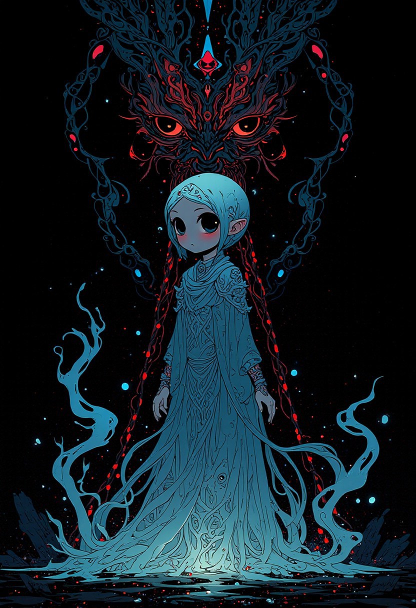 anime, niji, illustration, style of Erik Madigan Heck animals, Mysterious hidden girl face, silk veil with many intricately flowing strands of light on a black background, swirling particles, outline of glowing snow, abstract graphics, outline of epic eyes formed by burning diamond dust, fantasy concept art, silhouette of space