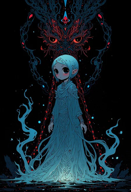 anime, niji, illustration, style of Erik Madigan Heck animals, Mysterious hidden girl face, silk veil with many intricately flowing strands of light on a black background, swirling particles, outline of glowing snow, abstract graphics, outline of epic eyes formed by burning diamond dust, fantasy concept art, silhouette of space