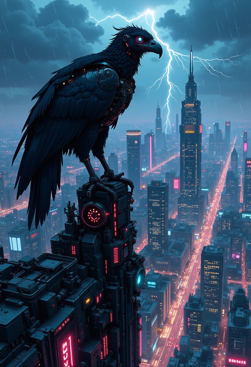 A digital artwork in the style of cknc, Anime Studio concept art. A massive cybernetic vulture perches atop the spire of a futuristic cybercity skyscraper. Below, the glowing urban sprawl stretches endlessly, its streets pulsating with rivers of neon light. The bird’s mechanical wings are folded, faintly humming with energy, while its piercing, glowing blue eyes scan the cityscape like a vigilant sentinel. The dark, moody atmosphere is punctuated by a backdrop of clouds and sporadic rain, with occasional lightning strikes illuminating the detailed urban scene.
