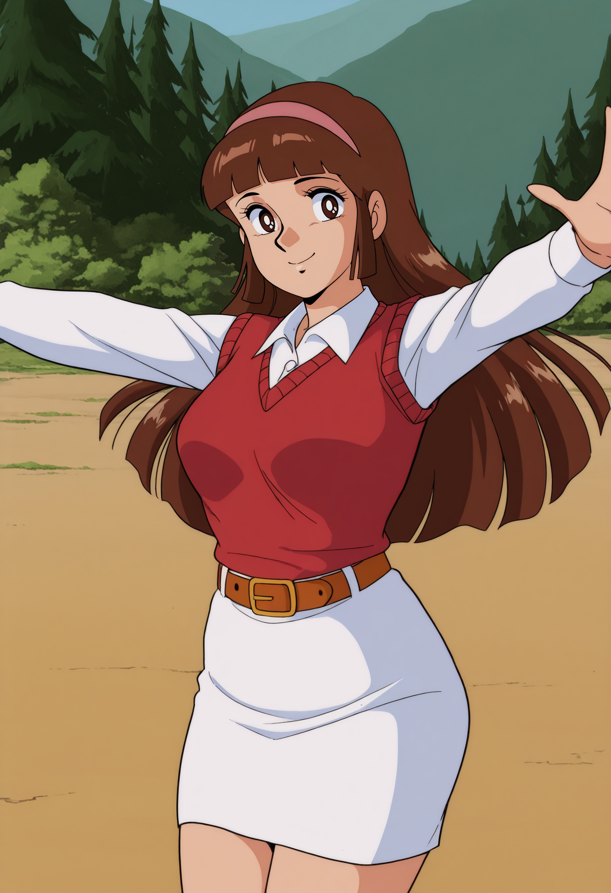 1girl,solo,mm,mature female,long hair,brown hair,hairband,bangs,blunt bangs,brown eyes,retro artstyle,anime coloring,
red sweater,vest,belt,white shirt,white skirt,collared shirt,looking at viewer, smile,outdoors,outstretched arms, 
,masterpiece,best quality,amazing quality,<lora:Sayaka_Yumi-Mazinger_Z_1972:0.8>