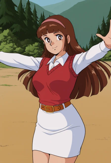 1girl,solo,mm,mature female,long hair,brown hair,hairband,bangs,blunt bangs,brown eyes,retro artstyle,anime coloring,
red sweater,vest,belt,white shirt,white skirt,collared shirt,looking at viewer, smile,outdoors,outstretched arms,
,masterpiece,best quality,amazing quality,<lora:Sayaka_Yumi-Mazinger_Z_1972:0.8>