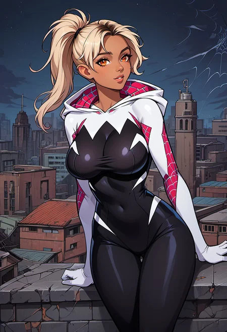 score_9, score_8_up, score_7_up, score_6_up, score_5_up, score_4_up, ANIMEShader, beautiful elven woman, (dark skin:1.3), long white hair in a ponytail, small cute button nose, soft round chin, detailed orange eyes, bright orange eyes, high definition eyes, detailed eyes, elf ears, huge breasts, Spider Gwen's costume, bodysuit, bodysuit black legs, hooded bodysuit, hood down, skin tight, spider web print, abandoned building, ruined city, rooftop, outdoors,