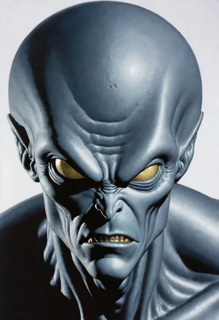 Half-length illustration for comic book cover made by Bruce Timm. face of an gray
alien looking evilly.