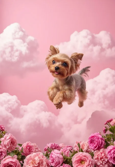 Ultra-realistic photo of a majestic yorkshire terrier allab floating in pink clouds. Ultra details, simple, surreal scene with soft lighting. 16K, shot taken on Kodak Portra, detail clouds, colors splash, flowers