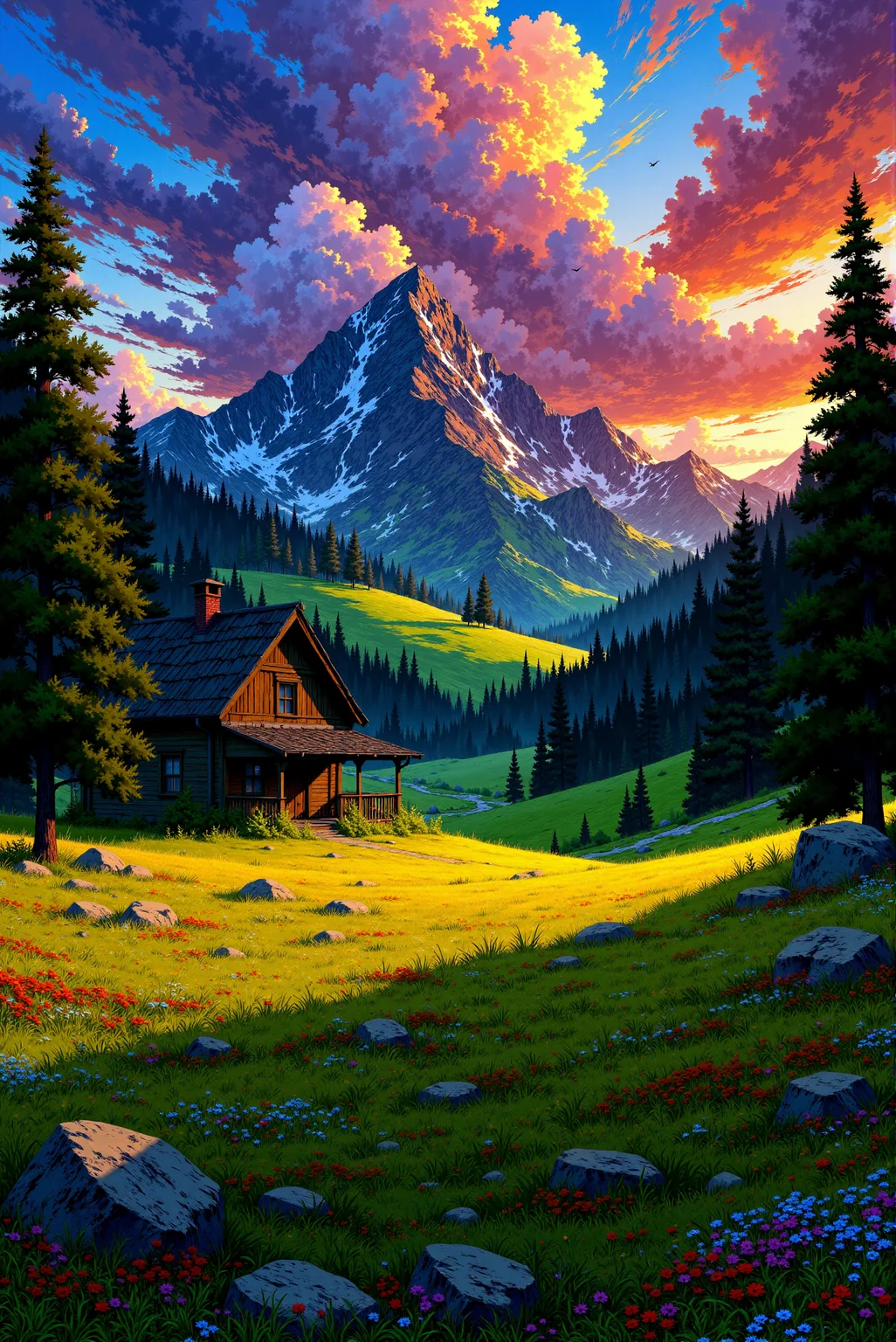 <lora:Anime_Sky:1.0> AnimeSky style. The image is a vibrant, detailed digital illustration in a style reminiscent of a highly detailed, colorful, and slightly stylized digital painting. The scene depicts a picturesque alpine landscape during sunset or sunrise, characterized by a rich, dynamic color palette. The sky is ablaze with hues of orange, pink, and purple, blending into a deeper blue, with fluffy, stylized clouds. In the foreground, a lush, verdant meadow filled with colorful wildflowers (including red, blue, and purple) stretches out. The foreground is speckled with large, irregularly shaped rocks. A rustic cabin, weathered and made of wooden planks, stands on the left side of the meadow. The cabin features a small porch and windows, hinting at a cozy, lived-in feel. The middle ground is dominated by a dense forest of dark green evergreen trees, creating a dense, lush canopy.