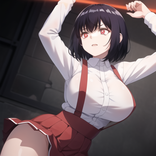 (masterpiece, best quality:1.2),illustration,8k,hd,absurdres,1girl,solo,cowboy shot,bangs,large breasts,red eyes,suspenders,suspender skirt,socks,black hair,collared shirt,short hair,kneehighs,school uniform,red skirt,white shirt,long sleeves,glowing eyes,<lora:Hanako(remake):0.8>,