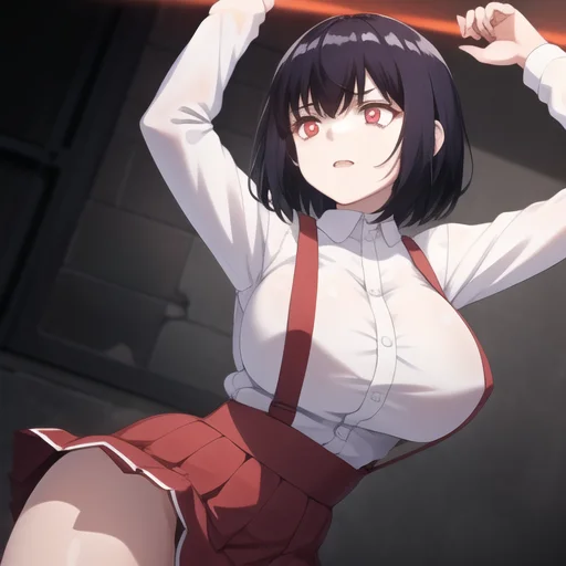 (masterpiece, best quality:1.2),illustration,8k,hd,absurdres,1girl,solo,cowboy shot,bangs,large breasts,red eyes,suspenders,suspender skirt,socks,black hair,collared shirt,short hair,kneehighs,school uniform,red skirt,white shirt,long sleeves,glowing eyes,<lora:Hanako(remake):0.8>,
