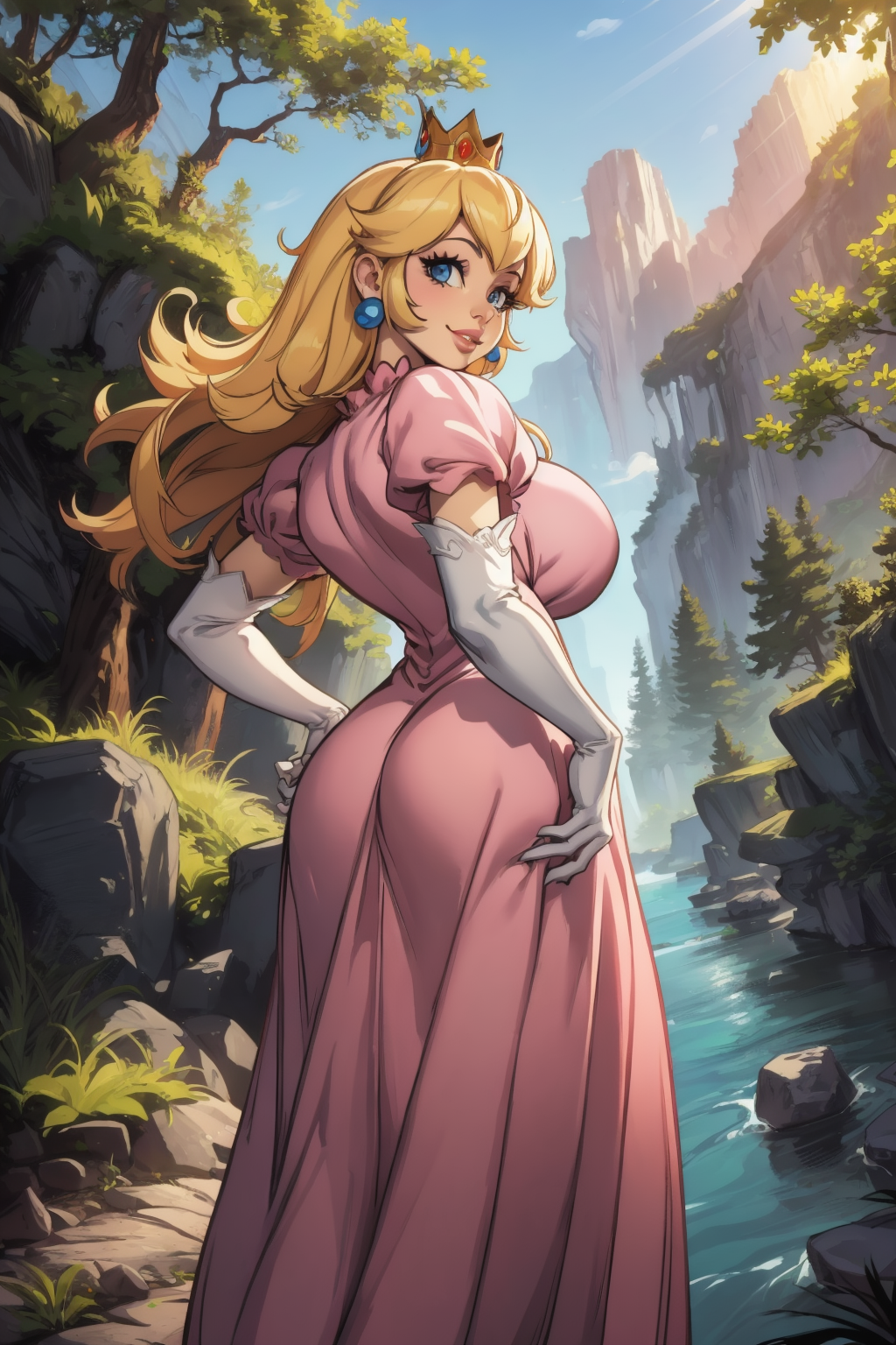 (hands behind back:1.6), leaning forward, (foreshortening:1.6), perfect anatomy, (solo:1.4), 1girl, (head fully in frame:1.3), (beautiful face:1.5), (cowboy shot:1.3), (cute:1.4), big cheeky smile, looking at viewer, beautiful eyes, curvy, (huge breasts:1.2), (left hand on hip:1.3) <lora:Gofa [MockAi - v1.0]:0.8> gofa, <lora:Mario - Peach [Numeratic - v1.0]:1> princess peach, blonde hair, crown, long hair, (pink dress:1.5), (long dress:1.2), covered breasts, princess, short puffy sleeves, brooch, elbow gloves, (white elbow gloves:1.2), (secluded river scenery:1.2), (sunlight through trees:1.3), daylight,natural rock formations, nature,