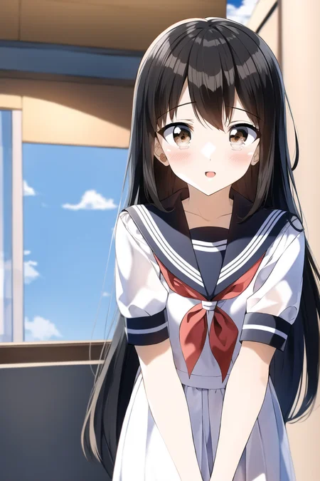1girl, serafuku, neckercheif, sailor coollar, long hair,
<lora:PentagonRailgunStyle:1>