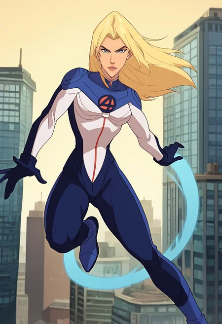 score_9, score_8_up, score_7_up, masterpiece, high quality, source_cartoon, 1girl, solo, alone, 
iwWGH, blonde hair, long hair, blue eyes, lips, makeup, multicolored bodysuit, blue gloves, blue footwear, 
full body, facing forward, looking at viewer, standing on invisible disc, action pose, dynamic pose, floating, city, buildings, sunny, floating invisible disc,