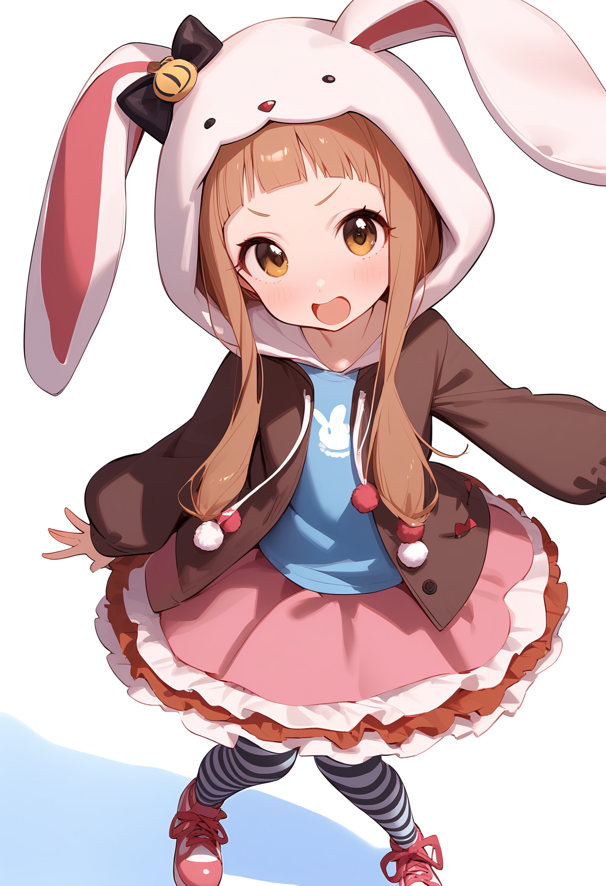 hooded jacket,ichihara nina,long sleeves,looking at viewer,pink skirt,rabbit hood,1girl,blush,pom pom \(clothes\),solo,striped clothes,open jacket,simple background,striped pantyhose,d,blue shirt,frilled skirt,open mouth,white background,pink footwear,sidelocks,brown jacket,dot nose,drawstring,full body,hood up,kigurumi,layered skirt,<lora:a31_char_new_ichihara_nina:1>masterpiece, best quality, absurdres<lora:a31_style_koni-000010:0.8>