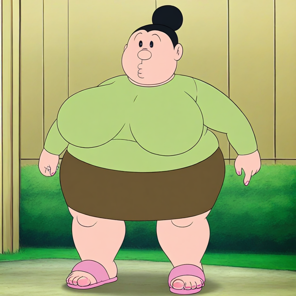 1girl,black hair, short hair, hair bun,fat,bbw,huge breasts,wide hips, thich thighs, green shirt, brown skirt, pink sandals,