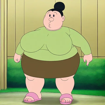 1girl,black hair, short hair, hair bun,fat,bbw,huge breasts,wide hips, thich thighs, green shirt, brown skirt, pink sandals,