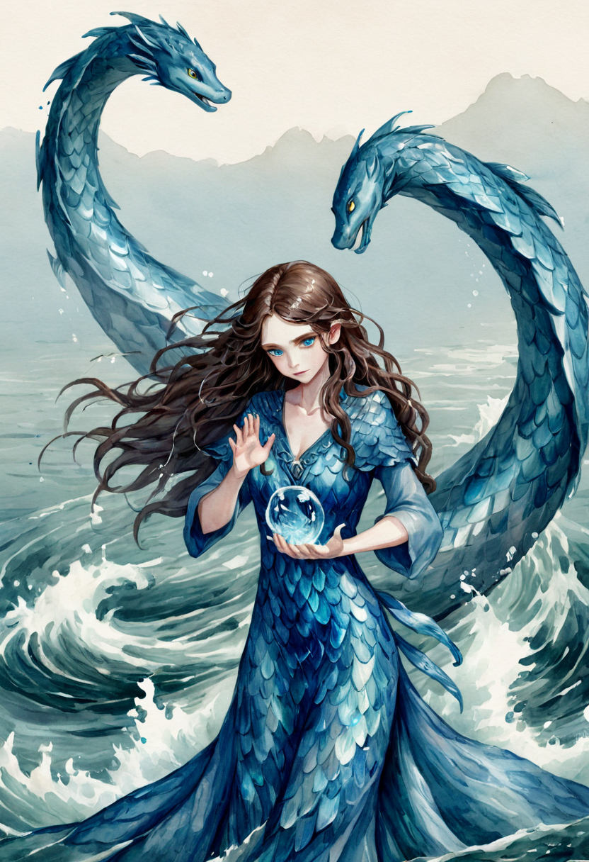1girl, young water mage, water magic, blue flowing long dress made of fish scales, blue eyes, long wavy brown hair, casting water spell, sea serpent, (watercolor painting:1.3)