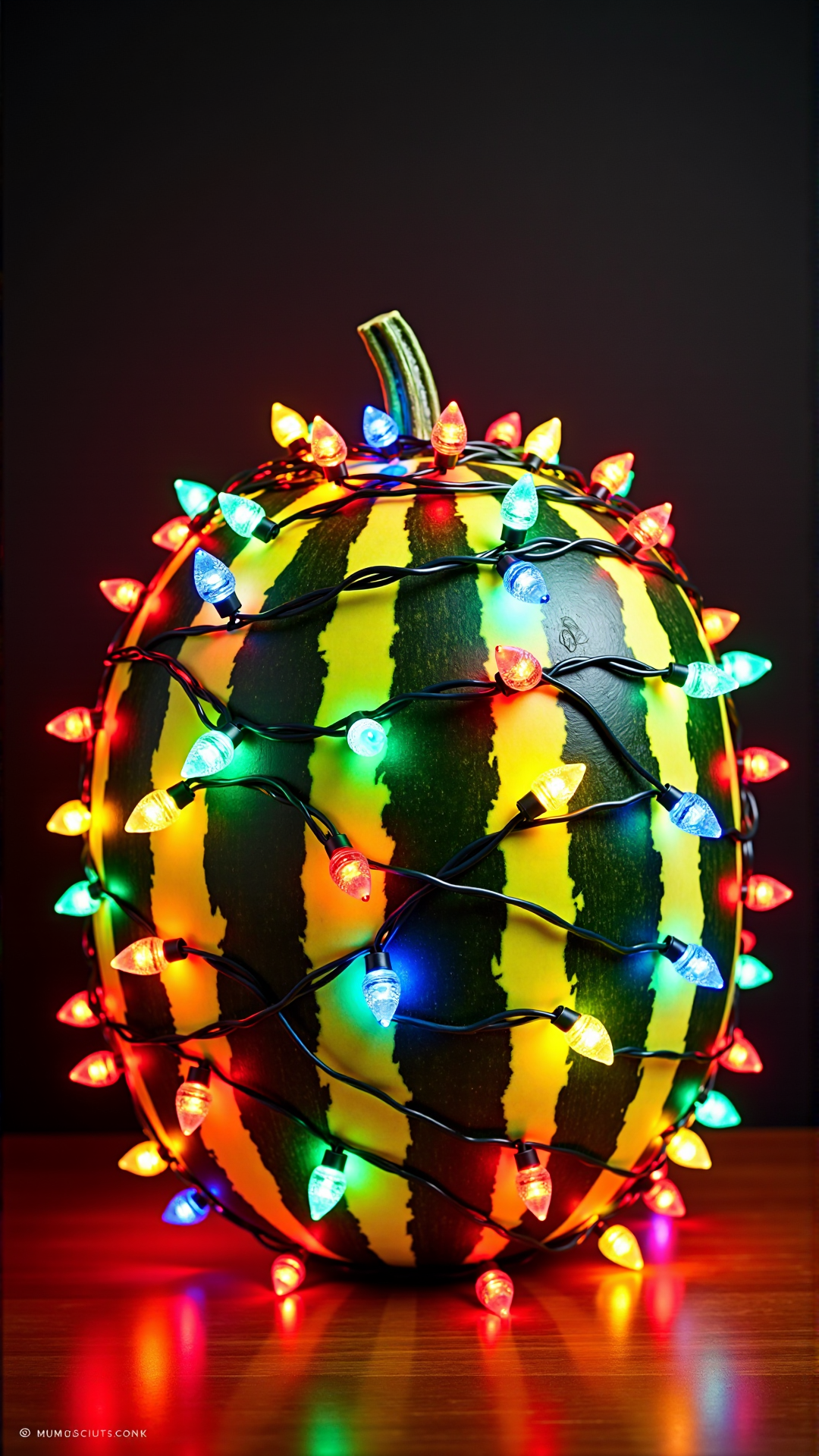 A professionally shot photography of a ChristmasLightsStyle Watermelon. Covered in  christmas lights, 
<lora:ChristmasLightsStyleFlux:0.7>