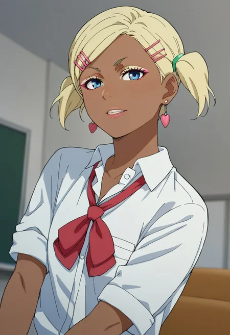 score_9,score_8_up,score_7_up,score_6_up,chromatic aberration,1girl,muko,dark skin,dark-skinned female,blonde hair, blue eyes,school uniform,earrings, jewelry,hair ornament, hairclip, gyaru,short twintails,makeup,Muko make-up,dark,under light,posing,sexy,indoors,living room,blurry, blurry background,cowboy shot, dutch angle