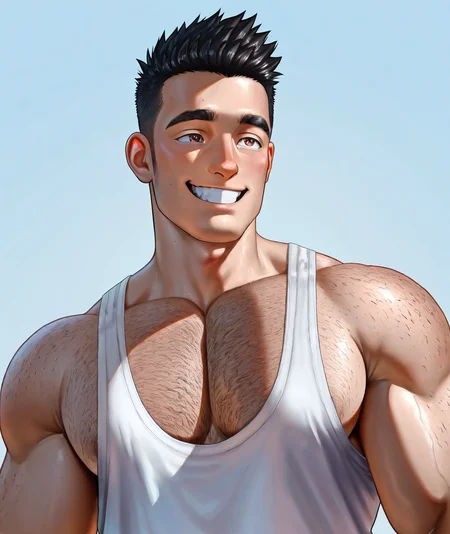 masterpiece, best quality, absurdres, newest, perfect quality, best quality, absolutely eye-catching, detailed background, intricate details, male, bara, white singlet, (sideburns), muscular, large pectorals, smiling, happy, short hair, black hair, spiky hair, brown eyes, upper body, (chest hair), bara, hairy body, gym background, (urielbeaupre15:1.3), izzy