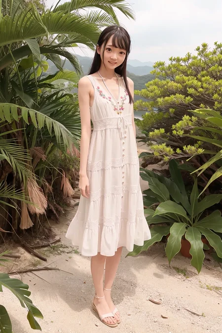 (4k, best quality), (realistic, photo-realistic),1girl, solo,(full body),
long_hair, black_hair,
beautiful detailed eyes, (smile),(looking at viewer),
standing,arms_at_sides,perfect skin,
sleeveless_dress,white dress,
outdoors,branch, bush, day, dress, flower, forest, grass, nature, necklace, palm_tree,
<lora:remu_hayami_v10:0.7>