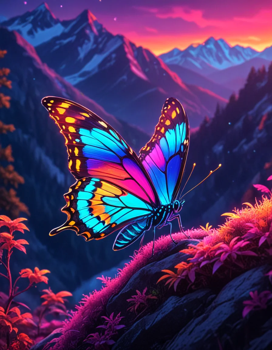 novuschroma70 style neon butterfly in the mountains <lora:novuschroma70 style:1> <lora:sdxl_lightning_8step_lora:1>